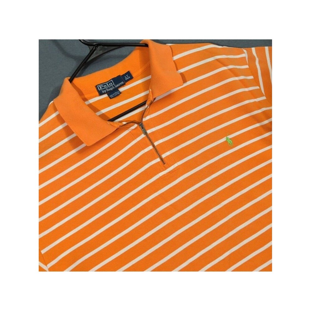 Polo Ralph Lauren Shirt Men's LT Tall Orange Striped Zip Polo Short Sleeve
